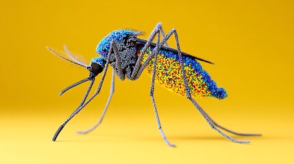 Colorful mosquito model, side view against yellow backdrop, detail of wings and body