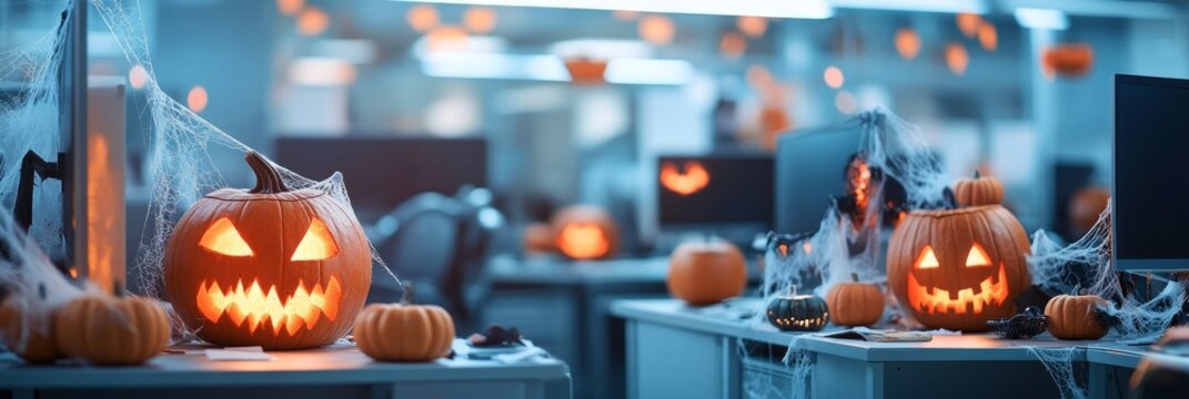 Spooky office Halloween decorations. Jack-o'-lanterns and cobwebs on desks.