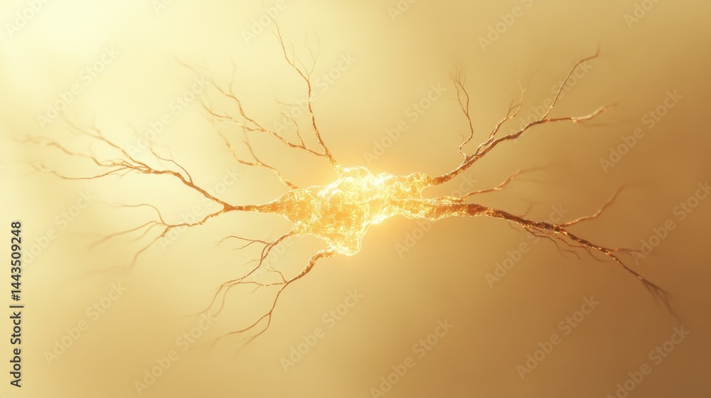 Poster a neuron illustrated in glowing lines, set against a subtle background, with ample space for text or