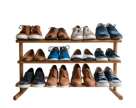 Wooden shoe rack organizer displaying a variety of casual and formal footwear for men and women creating a stylish storage solution with diverse shoe types