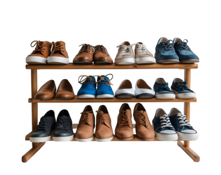 Wooden shoe rack organizer displaying a variety of casual and formal footwear for men and women creating a stylish storage solution with diverse shoe types