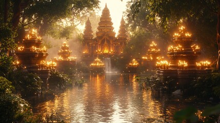 Obraz premium Golden temple complex bathed in ethereal sunlight, nestled within a lush tropical forest.