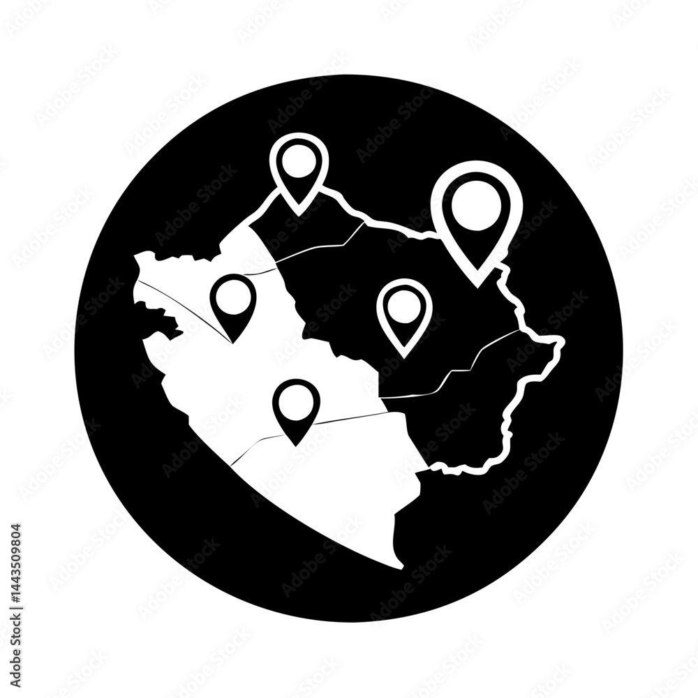 Poster black and white abstract map with location markers and geographic division