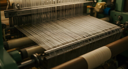 Close Up of White Thread Weaving on Industrial Loom in Textile Factory For Fabric Production