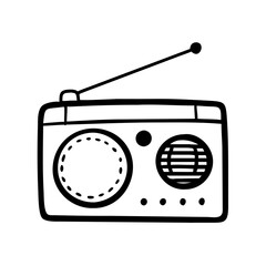 Vintage portable radio receiver with antenna illustration in minimalist black outline
