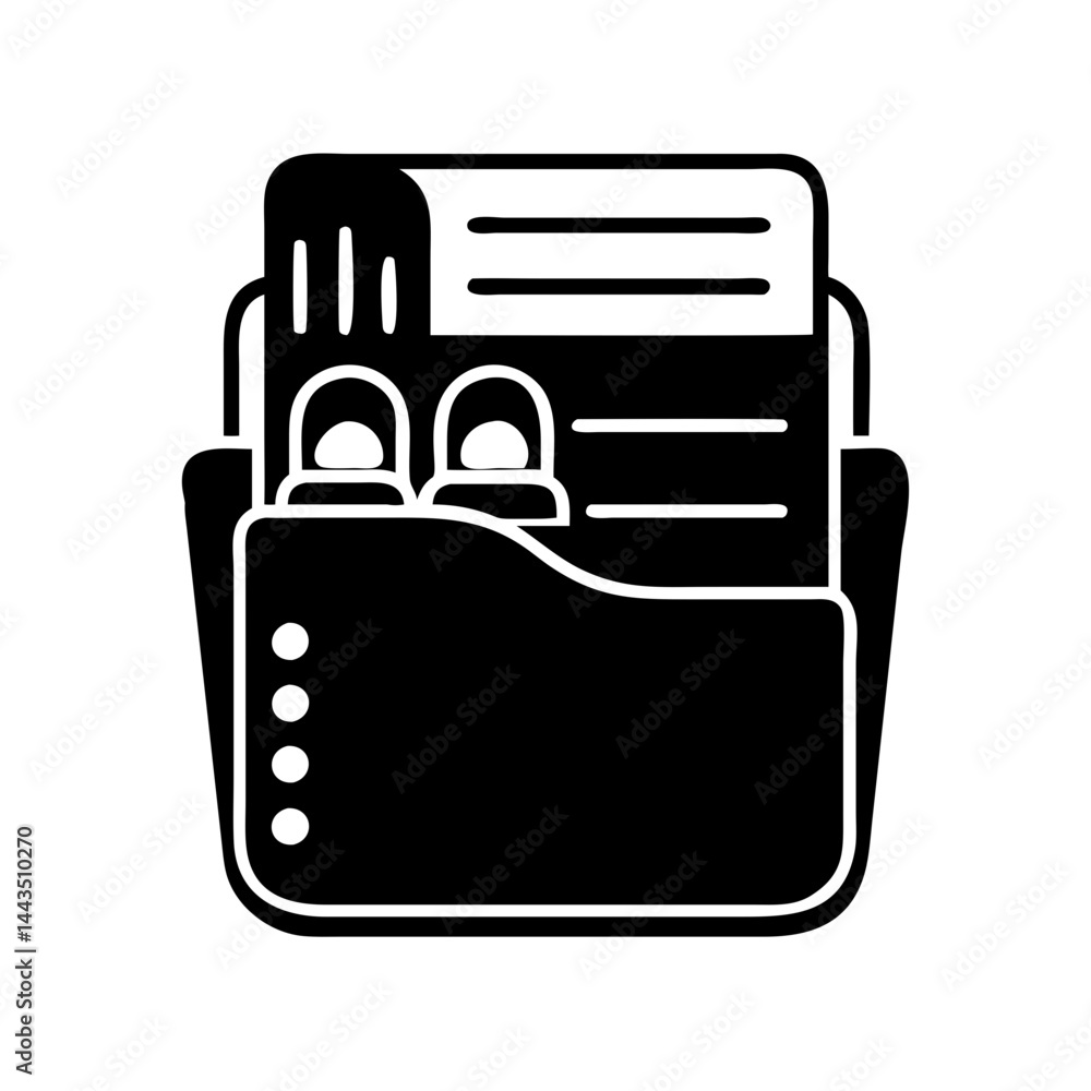 Poster black and white icon of an open file folder with documents