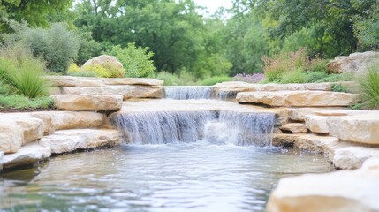 A serene waterfall cascading over natural stone steps into a tranquil pool, surrounded by lush green foliage, and peaceful nature scene.
