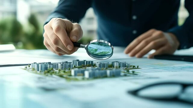 Urban planner in front of a large city map, using a magnifying glass. Focused on finding vacant land for a new residential development, with architectural plans and market analysis