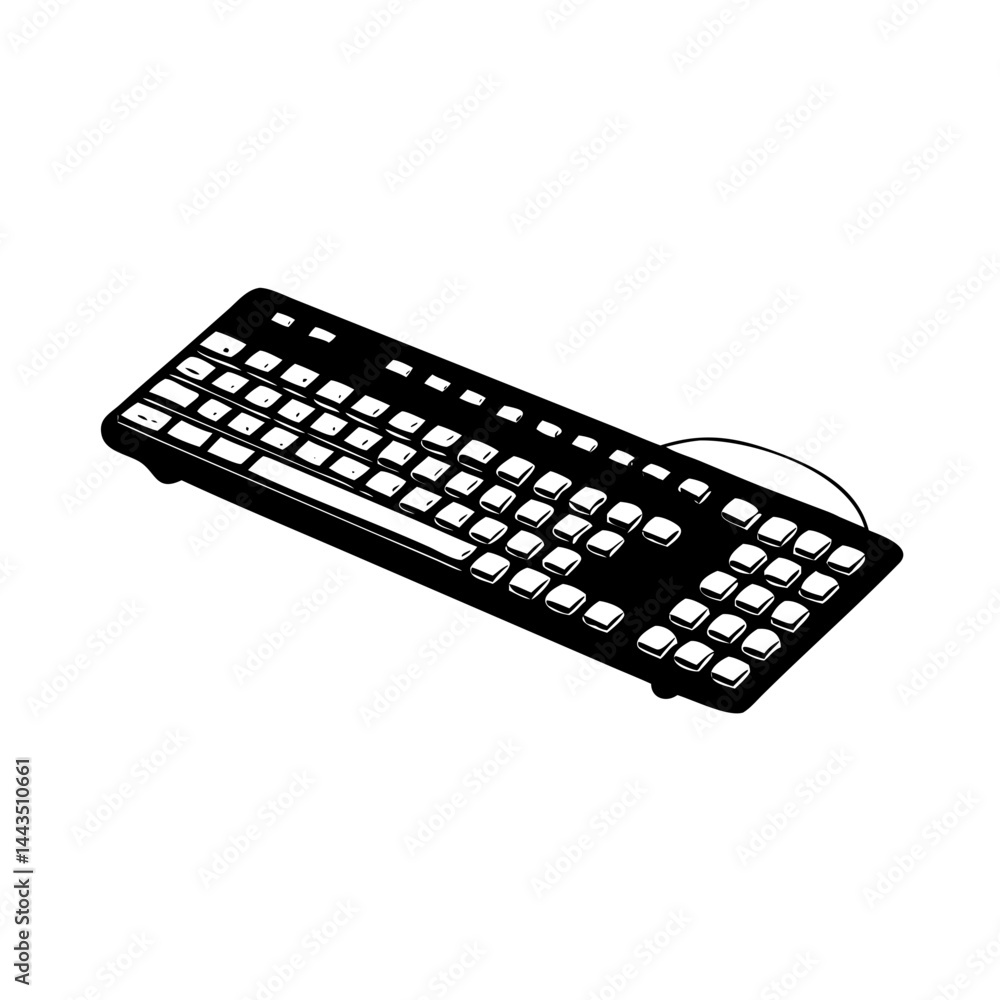Poster isometric monochrome illustration of a computer keyboard with cable in perspective view