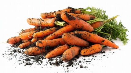 Freshly Harvested Carrots With Soil And Green Tops On White Background