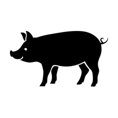 Black silhouette of a smiling pig, standing on a white background
