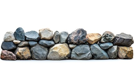 A low wall made of various sized rocks against a white background