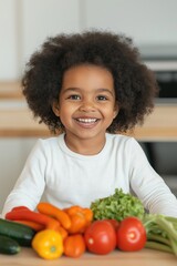 A young girl is sitting at a table with a variety of vegetables, including carrots, tomatoes, and broccoli. She is smiling and she is enjoying the healthy food