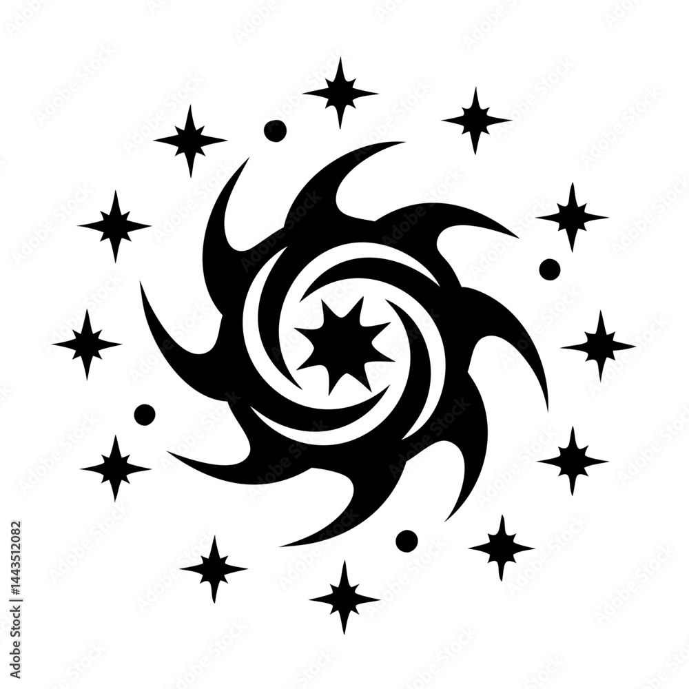 Poster abstract circular galactic pattern with stars and orbits in black and white