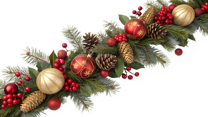 Festive Christmas garland with red and gold ornaments pine cones and berries