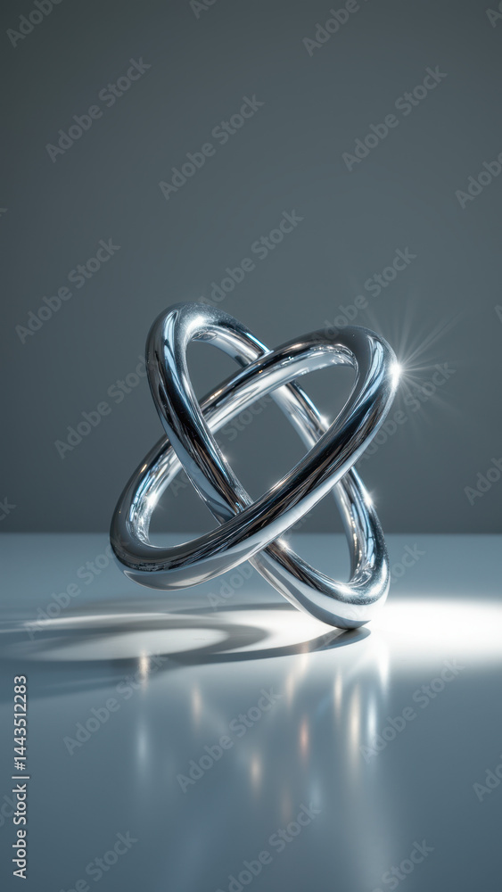 Poster stunning 3d rendering of a silver atomic structure on reflective surface.