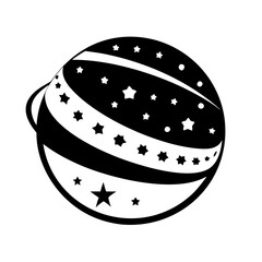 Abstract black and white image of a stylized planet with rings