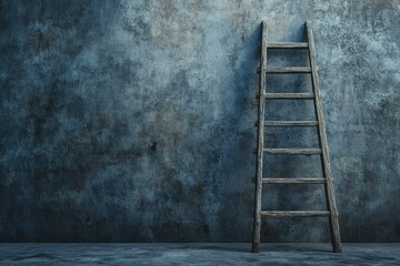 A sturdy wooden ladder stands against a textured gray wall, creating a sense of depth and mystery in the space.