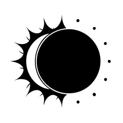 Minimalist eclipse illustration with sun spikes, moon shadow, and space dots