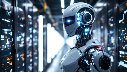 Fototapeta premium Futuristic AI Robot in Data Center: Cutting-Edge Technology and Digital Innovation