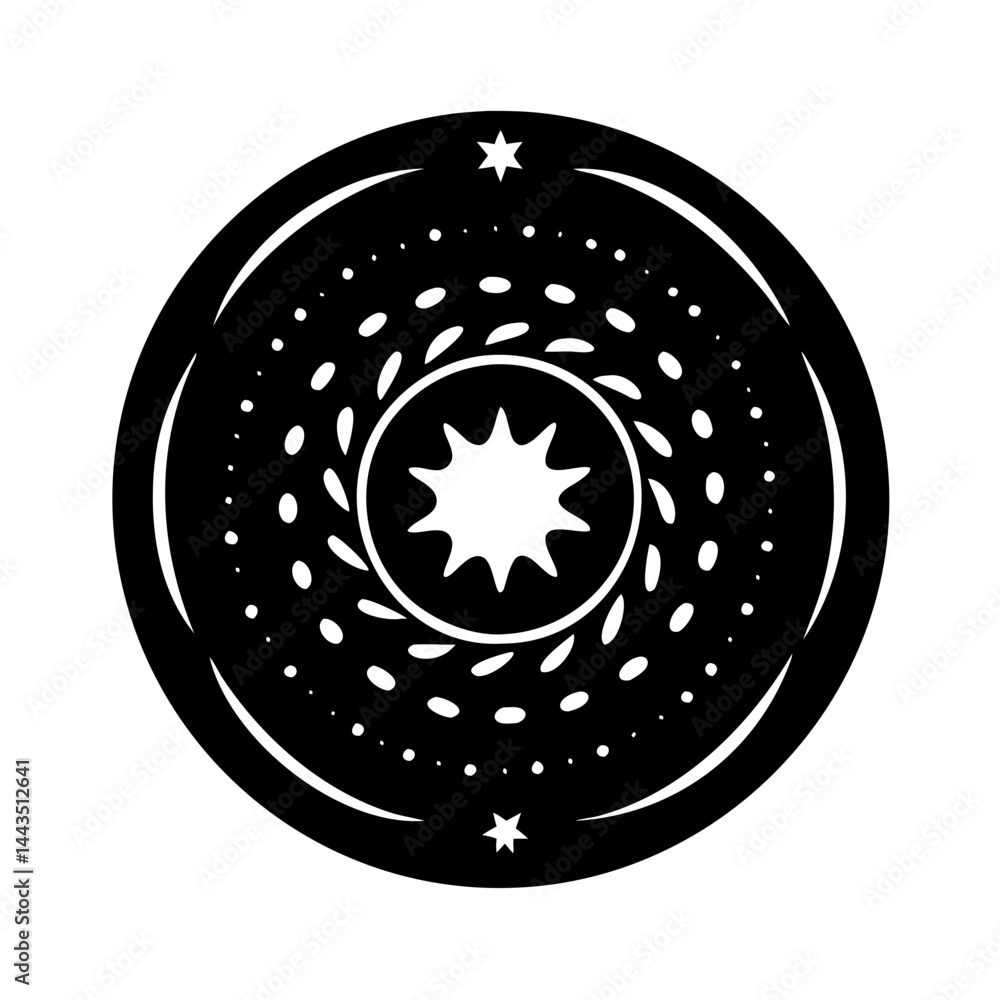Poster celestial black and white circular design with stars and abstract patterns