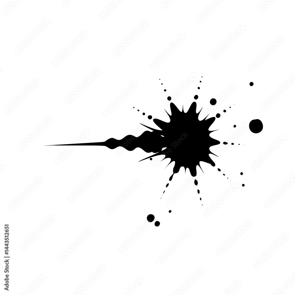 Poster abstract black ink splash with dynamic drops and sharp edges on white