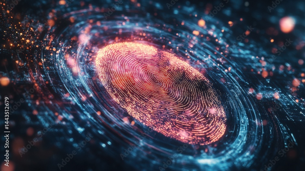 Poster fingerprint identity authentication - abstract of a fingerprint with a heartbeat pulse, representing