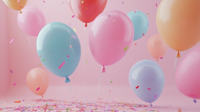 birthday celebration with colorful balloons and confetti on pastel background