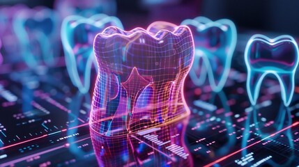 Futuristic holographic dental chart displaying teeth conditions