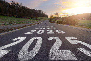 New year 2025, 2026, 2027, 2028, 2029 written on the road in the middle of asphalt road, Planing of...