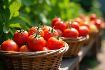 Sun-drenched tomatoes overflow in woven baskets , healthy, juicy, summer vegetables