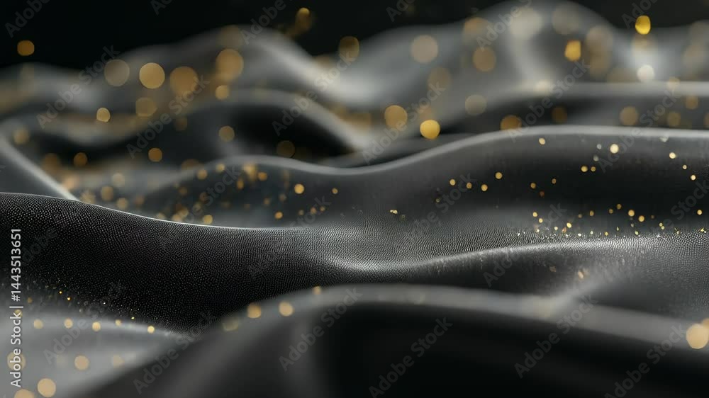 Poster dark black curved surface sparkling drifting golden particles, generating dynamically and with luxur