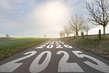 New year 2025, 2026, 2027, 2028, 2029 written on the road in the middle of asphalt road, Planing of new year concept.