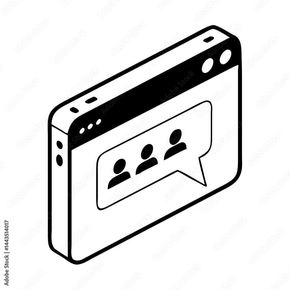 Poster isometric design of a browser window displaying a social media conversation