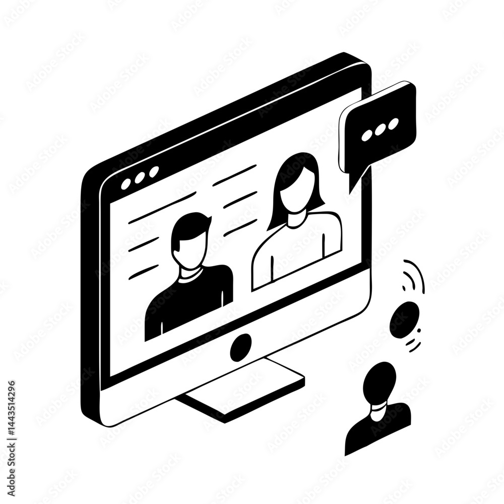 Poster isometric illustration of a video call on a desktop computer screen