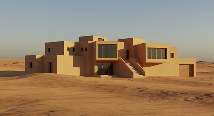 Modern Desert Home Architecture In Sandy Landscape Against Clear Sky