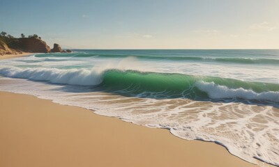 Emerald green waves curl and break over a golden sandy beach , beach, image