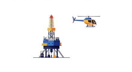 Stylized graphic illustration of an offshore oil rig platform with approaching helicopter