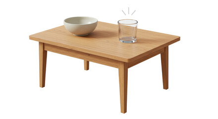 Isolated Wooden Coffee Table with Bowl and Empty Glass