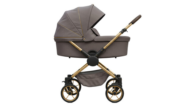 Isolated Elegant Baby Stroller with Golden Frame