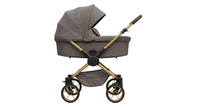 Isolated Elegant Baby Stroller with Golden Frame