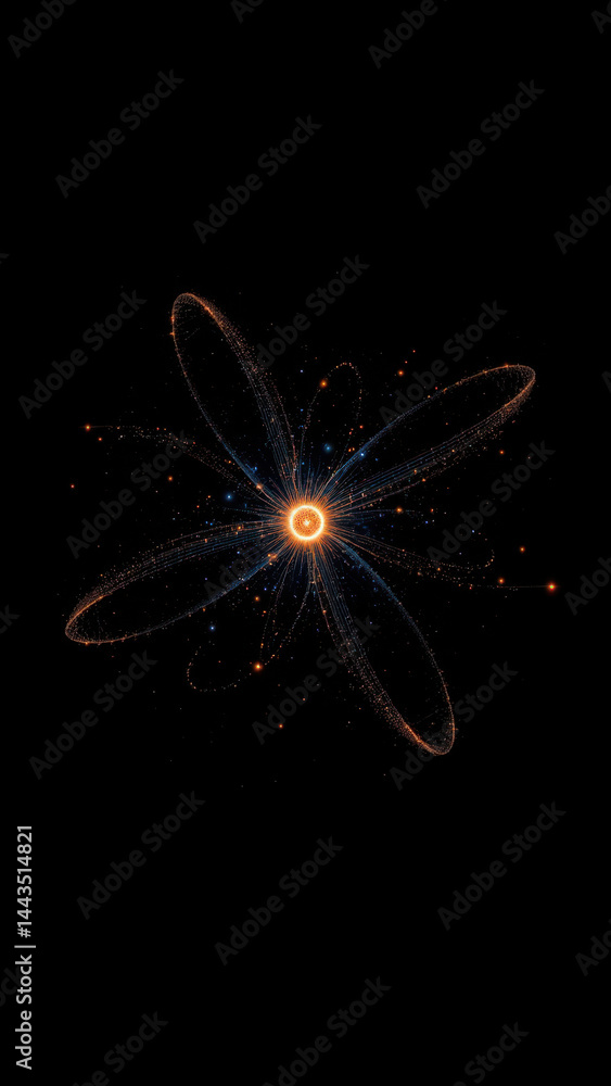 Poster an artistic depiction of an atom with a nucleus and electron orbits.