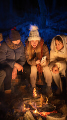 Friends sitting around a campfire in the woods on a winter evening