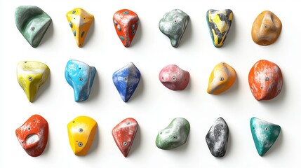 Colorful climbing holds arranged in a grid, showcasing various shapes and textures for bouldering enthusiasts.