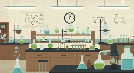 Laboratory workspace with glassware and chemical diagrams