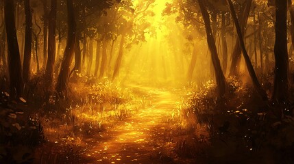 Obraz premium Enchanted pathway through lush green forest illuminated by golden hour light creating a magical and serene atmosphere in nature