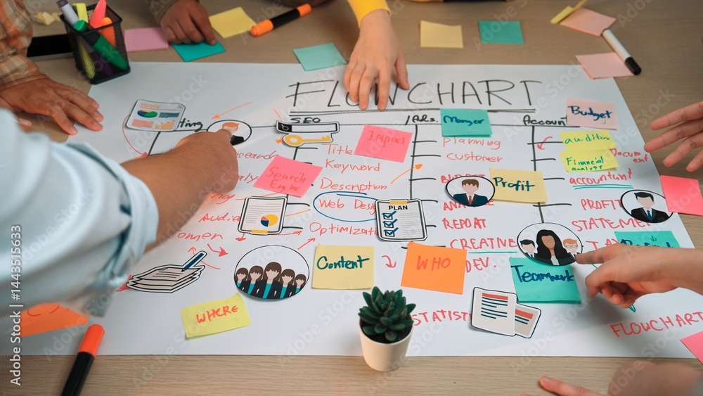Poster a dynamic scene of a collaborative brainstorming session with multiple hands engaging with a colorfu