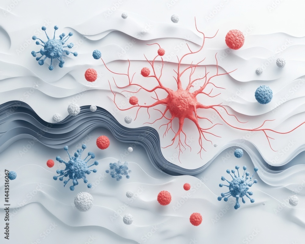 Poster a conceptual image of brain chemistry featuring a neuron, synaptic connections, and neurotransmitter