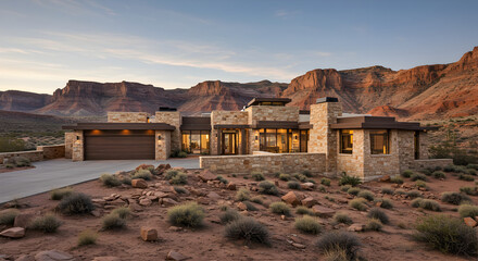 Desert Residence At Sunset Harmonizing With The Majestic Red Rock Mountains