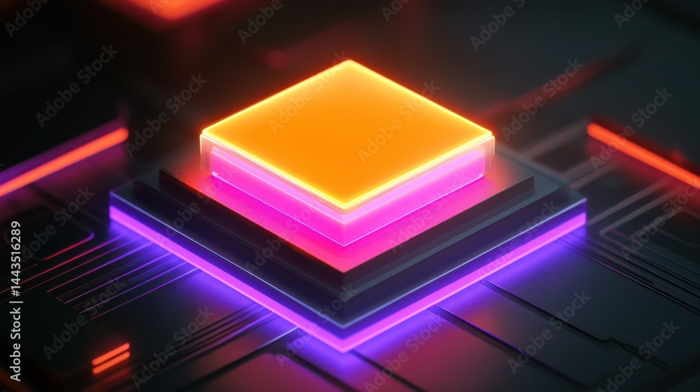 Poster generative ai abstract illustration of colorful neon circuit with glowing orange lamp on black surfa